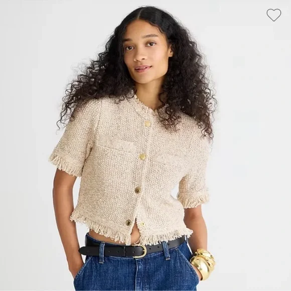 J crew Cropped fringe-trim lady jacket in marled yarn - Picture 1 of 3